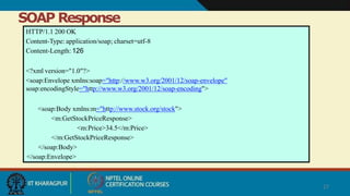 SOAP Response
HTTP/1.1 200 OK
Content-Type: application/soap; charset=utf-8
Content-Length: 126
<?xml version="1.0"?>
<soap:Envelope xmlns:soap="http://www.w3.org/2001/12/soap-envelope"
soap:encodingStyle="http://www.w3.org/2001/12/soap-encoding">
<soap:Body xmlns:m="http://www.stock.org/stock">
<m:GetStockPriceResponse>
<m:Price>34.5</m:Price>
</m:GetStockPriceResponse>
</soap:Body>
</soap:Envelope>
27
 