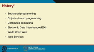 History!
3
• Structured programming
• Object-oriented programming
• Distributed computing
• Electronic Data Interchange (EDI)
• World Wide Web
• Web Services
 