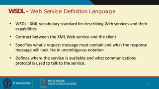 WSDL- Web Service Definition Language
32
• WSDL : XML vocabulary standard for describing Web services and their
capabilities
• Contract between the XML Web service and the client
• Specifies what a request message must contain and what the response
message will look like in unambiguous notation
• Defines where the service is available and what communications
protocol is used to talk to the service.
 