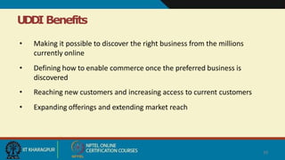 UDDI Benefits
39
• Making it possible to discover the right business from the millions
currently online
• Defining how to enable commerce once the preferred business is
discovered
• Reaching new customers and increasing access to current customers
• Expanding offerings and extending market reach
 