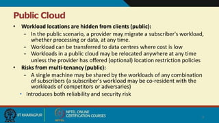 Public Cloud
5
• Workload locations are hidden from clients (public):
– In the public scenario, a provider may migrate a subscriber's workload,
whether processing or data, at any time.
– Workload can be transferred to data centres where cost is low
– Workloads in a public cloud may be relocated anywhere at any time
unless the provider has offered (optional) location restriction policies
• Risks from multi-tenancy (public):
– A single machine may be shared by the workloads of any combination
of subscribers (a subscriber's workload may be co-resident with the
workloads of competitors or adversaries)
• Introduces both reliability and security risk
 