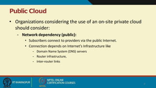 Public Cloud
6
• Organizations considering the use of an on-site private cloud
should consider:
– Network dependency (public):
• Subscribers connect to providers via the public Internet.
• Connection depends on Internet’s Infrastructure like
– Domain Name System (DNS) servers
– Router infrastructure,
– Inter-router links
 