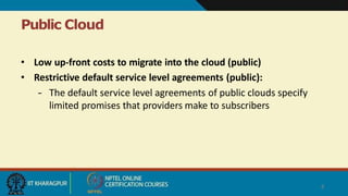 Public Cloud
8
• Low up-front costs to migrate into the cloud (public)
• Restrictive default service level agreements (public):
– The default service level agreements of public clouds specify
limited promises that providers make to subscribers
 
