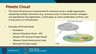 Private Cloud
• The cloud infrastructure is provisioned for exclusive use by a single organization
comprising multiple consumers (e.g., business units). It may be owned, managed,
and operated by the organization, a third party, or some combination of them, and
it may exist on or off premises.
• Examples of Private Cloud:
– Eucalyptus
– Ubuntu Enterprise Cloud - UEC
– Amazon VPC (Virtual Private Cloud)
– VMware Cloud Infrastructure Suite
– Microsoft ECI data center.
9
 