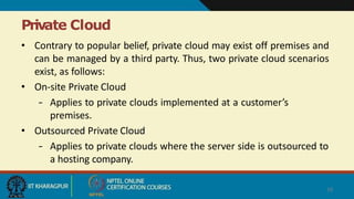 Private Cloud
10
• Contrary to popular belief, private cloud may exist off premises and
can be managed by a third party. Thus, two private cloud scenarios
exist, as follows:
• On-site Private Cloud
– Applies to private clouds implemented at a customer’s
premises.
• Outsourced Private Cloud
– Applies to private clouds where the server side is outsourced to
a hosting company.
 