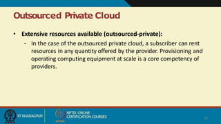 Outsourced Private Cloud
20
• Extensive resources available (outsourced-private):
– In the case of the outsourced private cloud, a subscriber can rent
resources in any quantity offered by the provider. Provisioning and
operating computing equipment at scale is a core competency of
providers.
 
