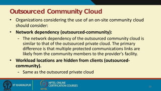 Outsourced Community Cloud
29
• Organizations considering the use of an on-site community cloud
should consider:
• Network dependency (outsourced-community):
– The network dependency of the outsourced community cloud is
similar to that of the outsourced private cloud. The primary
difference is that multiple protected communications links are
likely from the community members to the provider's facility.
• Workload locations are hidden from clients (outsourced-
community).
– Same as the outsourced private cloud
 