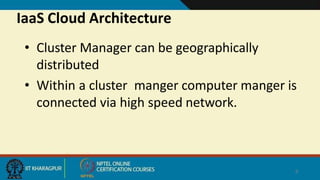 IaaS Cloud Architecture
9
• Cluster Manager can be geographically
distributed
• Within a cluster manger computer manger is
connected via high speed network.
 