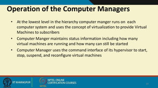 Operation of the Computer Managers
14
• At the lowest level in the hierarchy computer manger runs on each
computer system and uses the concept of virtualization to provide Virtual
Machines to subscribers
• Computer Manger maintains status information including how many
virtual machines are running and how many can still be started
• Computer Manager uses the command interface of its hypervisor to start,
stop, suspend, and reconfigure virtual machines
 