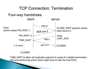 TCP Connection: Termination
    Four-way handshake
                      client                   server

                                    FIN m
close                                              CLOSE_WAIT (passive close)
(active close) FIN_WAIT_1                          read returns 0
                               ack m+1
              FIN_WAIT_2                           close
                                       FIN n       LAST_ACK
              TIME_WAIT

         1~4 mins                  ack n+1         CLOSED

                CLOSED

      TIME_WAIT to allow old duplicate segment to expire for reliable termination
      (the end performing active close might have to retx the final ACK)
 