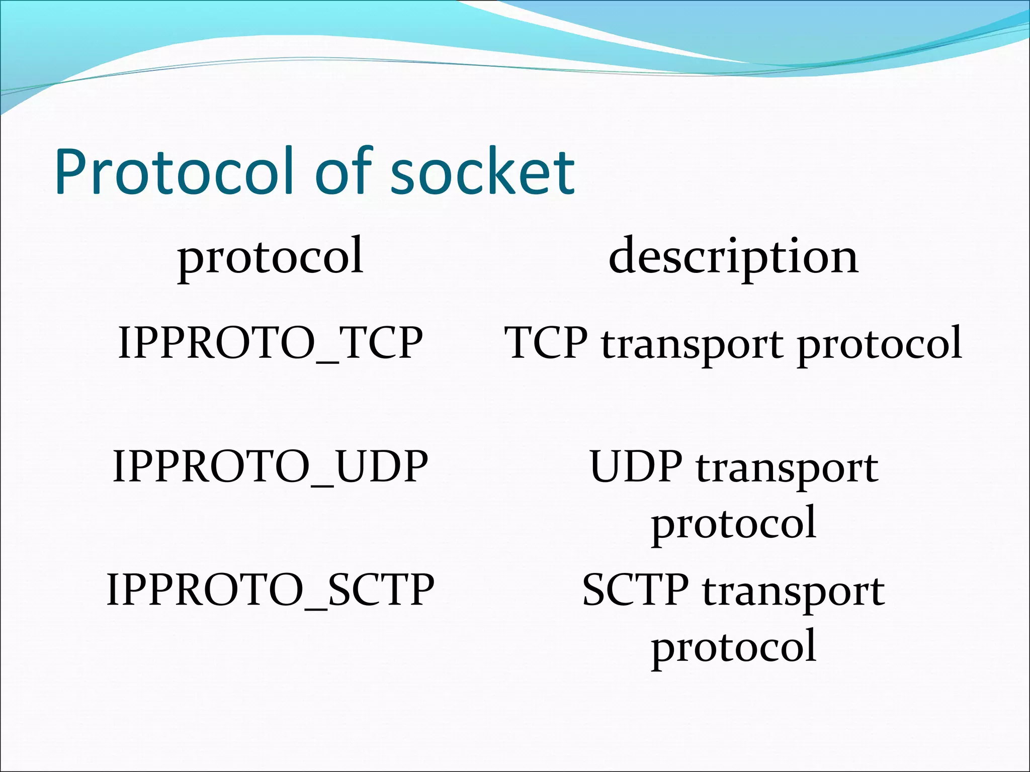 Protocol of socket
    protocol          description
  IPPROTO_TCP   TCP transport protocol

  IPPROTO_UDP        UDP transport
                        protocol
 IPPROTO_SCTP        SCTP transport
                        protocol
 