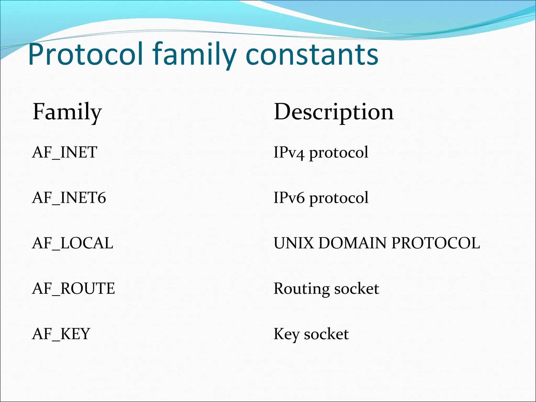 Protocol family constants
Family           Description
AF_INET          IPv4 protocol

AF_INET6         IPv6 protocol

AF_LOCAL         UNIX DOMAIN PROTOCOL

AF_ROUTE         Routing socket

AF_KEY           Key socket
 