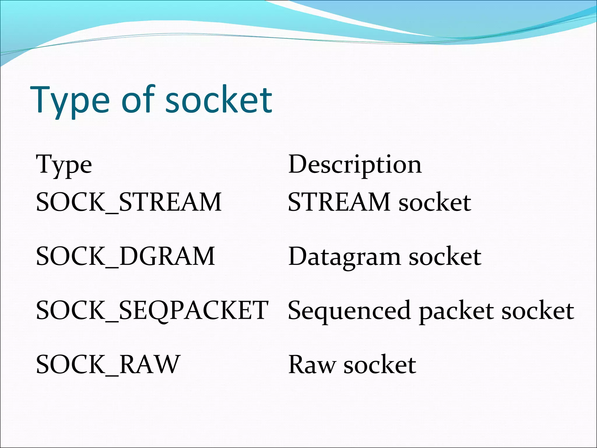Type of socket
Type             Description
SOCK_STREAM      STREAM socket

SOCK_DGRAM       Datagram socket

SOCK_SEQPACKET Sequenced packet socket

SOCK_RAW         Raw socket
 