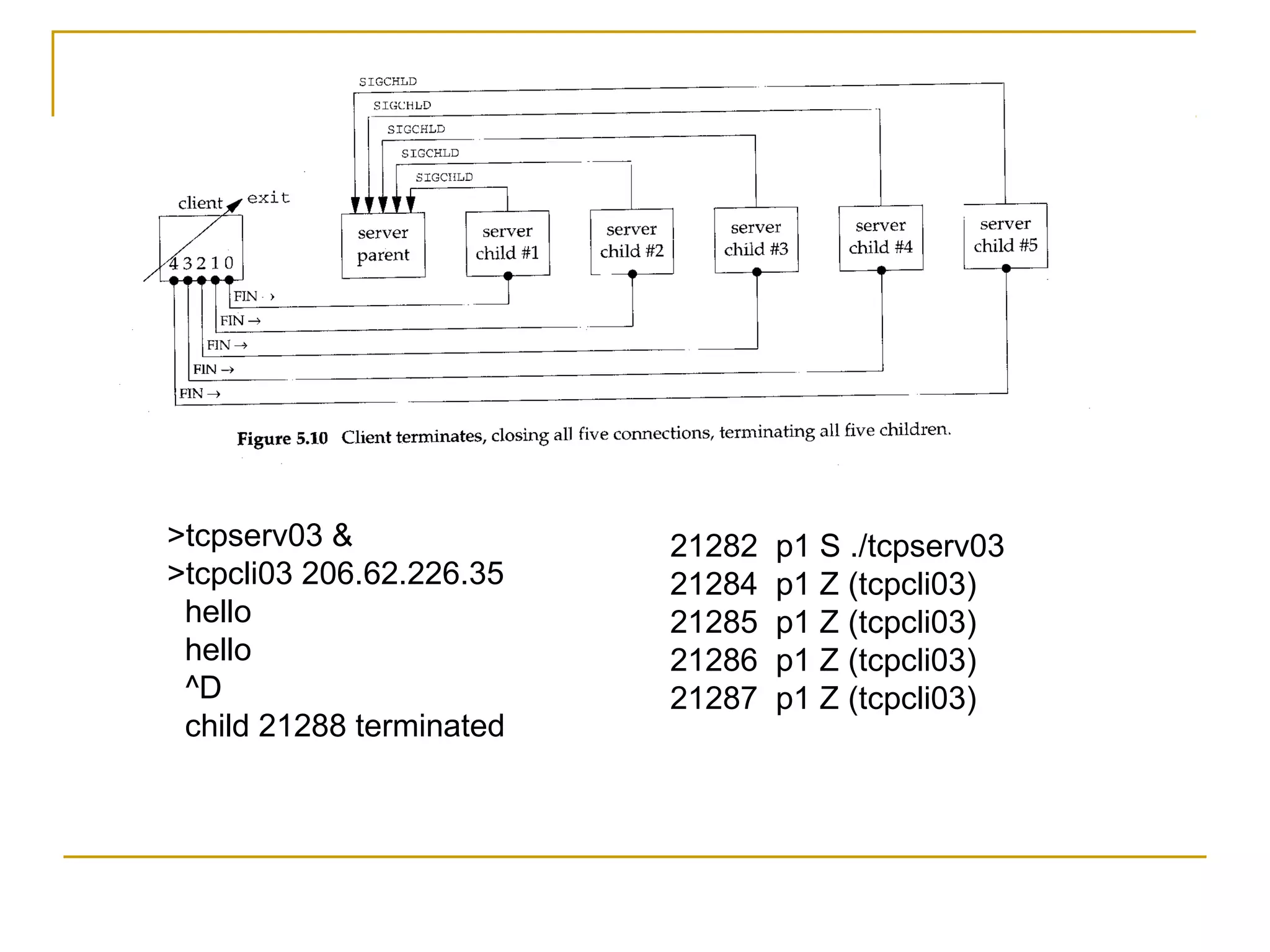 >tcpserv03 &              21282   p1 S ./tcpserv03
>tcpcli03 206.62.226.35   21284   p1 Z (tcpcli03)
 hello                    21285   p1 Z (tcpcli03)
 hello                    21286   p1 Z (tcpcli03)
 ^D                       21287   p1 Z (tcpcli03)
 child 21288 terminated
 