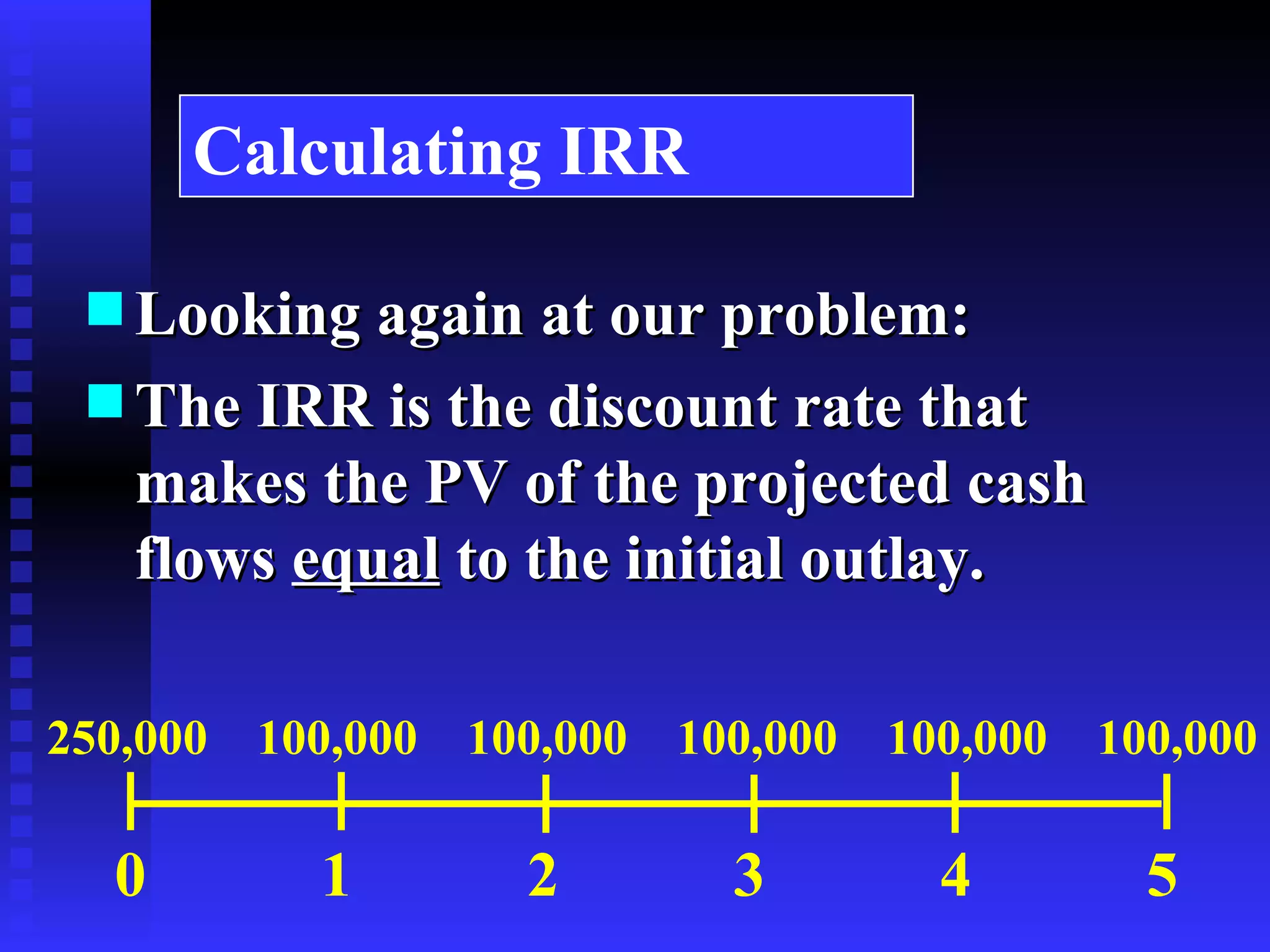 Calculating IRR Looking again at our problem: The IRR is the discount rate that makes the PV of the projected cash flows  equal  to the initial outlay. 0  1  2  3  4  5 250,000  100,000  100,000  100,000  100,000  100,000 