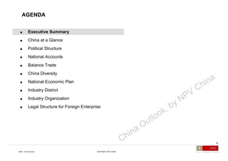 China , with its 1.33 billion population,  is the country with the  largest potential for growth in the world  and thus  must represent an   essential part of each company’s strategy , either as a  production base  or as a  final market The economy has been growing at average rates of  10. 8 %  between 200 1  and 200 8  and is now  3rd  largest in the world , accounting for  6 % of global GDP ;  foreign trade  has been  growing   dramatically  ( an average of  2 5 % CAGR between 200 4  and 200 8 ), and  foreign investment  has kept pouring in to the country  with actually utilized foreign capital of 92.4  billion  in 2008 ,  up by 23.6% For Italian companies, China represents an  extremely important opportunity  on any of the following  3 fronts : Sale : as a final market with more than 1.3 3  billion consumers Delocalization : as a low cost production base Purchasing : as a sourcing base Exchange rate : RMB/USD stood at 6.83 at the end of 2008, with a 6.9% appreciation of the end of 2007 RMB/EUR stood at 9.61 at the end of 2008, with an 9.8% appreciation of the end of 2007 Inflation : CPI in 2008 surged to 5.9% mainly due to the soar of food price. Other factors such as increase of energy price and excess liquidity in the financial market may keep the momentum of CPI Stock Market : SSE composite index plunges 2/3 from the beginning of the year; whether the government should intervene is under intense debate The new LAW OF THE PEOPLE'S REPUBLIC OF CHINA ON EMPLOYMENT CONTRACTS   came into effect in 1st Jan, 2008 towards more protection of the employees The 29th Olympic Games was held successfully in Beijing in August, 2008. EXECUTIVE SUMMARY Source : China Statistical Yearbook ,  China National Statistics Bureau,  NPV analysis 