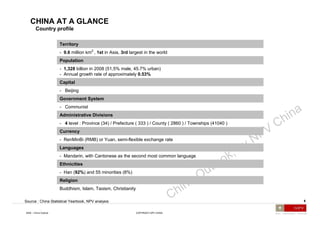 AGENDA Executive Summary China at a Glance Political Structure National Accounts Balance Trade China Diversity National Economic Plan Business Organization Legal Structure for Foreign Enterprise Business District Map 