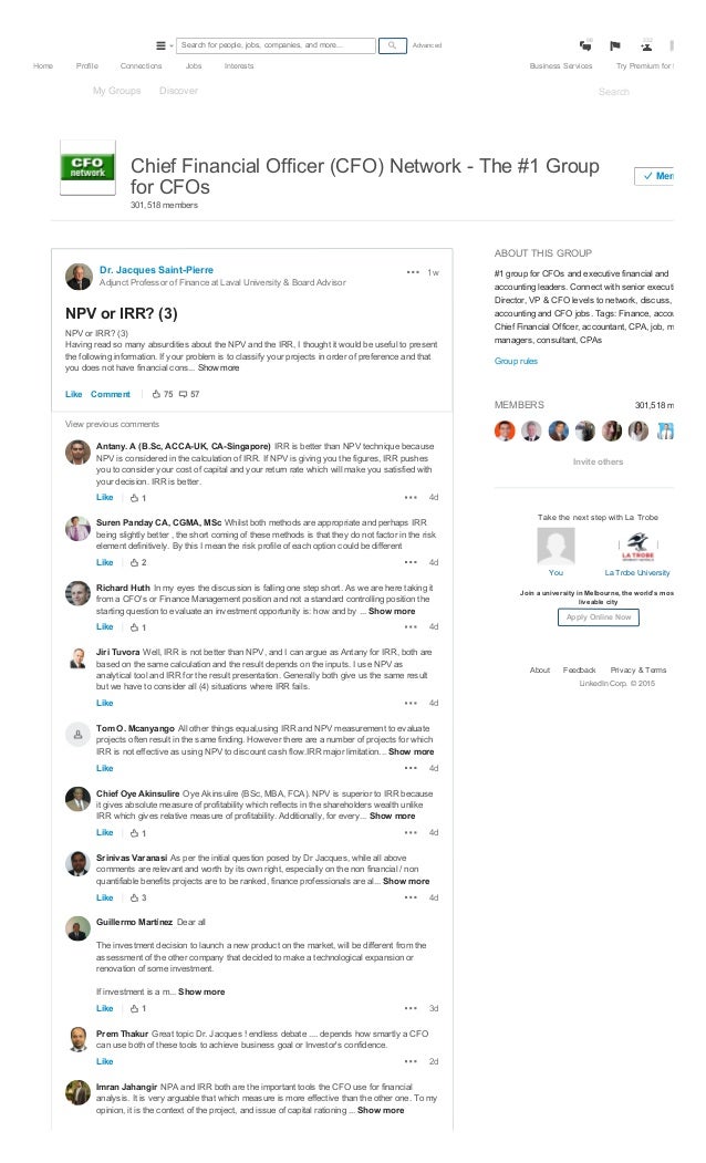 Npv Or Irr 3 Cfo Network Linkedin Discussion