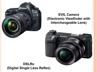 EVIL Camera
(Electronic Viewfinder with
Interchangeable Lens)
DSLRs
(Digital Single Less Reflex)
 