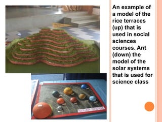 An example of
a model of the
rice terraces
(up) that is
used in social
sciences
courses. Ant
(down) the
model of the
solar systems
that is used for
science class
 