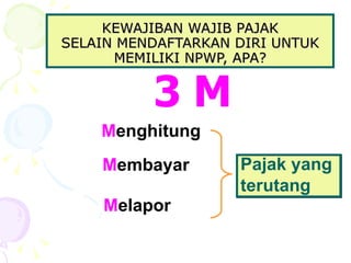 KEWAJIBAN WAJIB PAJAK SELAIN MENDAFTARKAN DIRI UNTUK MEMILIKI NPWP, APA? 3 M M enghitung Pajak yang  terutang M elapor M embayar 
