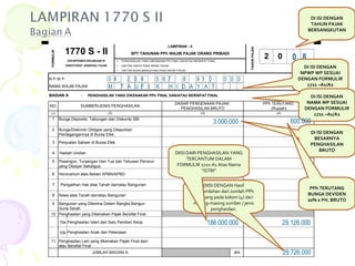 DI ISI DENGAN TAHUN PAJAK BERSANGKUTAN 0  8 0  4  2  3  4  5  6  7  8  9  1  0  0  0  0 DI ISI DENGAN NPWP WP SESUAI DENGAN FORMULIR 1721 –A1/A2 DI ISI DENGAN NAMA WP SESUAI DENGAN FORMULIR 1721 –A1/A2 M  T  A  U  F  I  K  H  I  D  A  Y  A  T   3.000.000 DI ISI DENGAN BESARNYA PENGHASILAN BRUTO 600.000 PPh TERUTANG BUNGA DEVIDEN 20% x PH. BRUTO 29.726.000 186.000.000 29.126.000 DIISI DENGAN   Hasil   P enjumlahan dari  J umlah PPh  T erutang pada kolom (4) dari masing-masing sumber / jenis penghasilan. DIISI DARI PENGHASILAN YANG TERCANTUM DALAM FORMULIR 1721-A1 Atas Nama “ISTRI” 