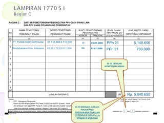 PT. Pondok Indah Golf Course 01.135.468.9.110.000  03 03-01-2008 PPh 21 5.140.650 Rp. 5.840.650 1 1 DI ISI DENGAN NOMOR HALAMAN DI ISI DENGAN JUMLAH PINJAMAN &  PINDAHKAN KE BAGIAN C FORMULIR INDUK 1770 S Bagian D angka (12) - Bendaharawan Univ. Indonesia 01.001.123.5.011.000  004 03-01-2008 PPh 21 700.000 