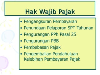 Hak Wajib Pajak Pengangsuran Pembayaran Penundaan Pelaporan SPT Tahunan Pengurangan PPh Pasal 25 Pengurangan PBB Pembebasan Pajak Pengembalian Pendahuluan Kelebihan Pembayaran Pajak 