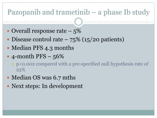 Pazopanib and trametinib – a phase Ib study
 Overall response rate – 5%
 Disease control rate – 75% (15/20 patients)
 Median PFS 4.3 months
 4-month PFS – 56%
 p<0.002 compared with a pre-specified null hypothesis rate of
25%
 Median OS was 6.7 mths
 Next steps: In development
 