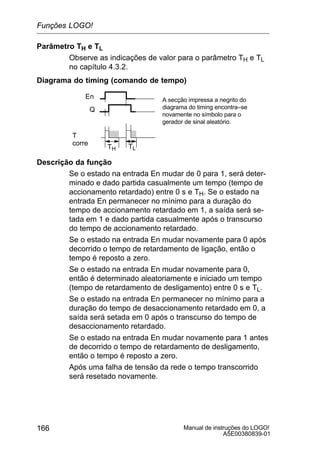 Manual de instruções do LOGO!
A5E00380839-01
166
Parâmetro TH e TL
Observe as indicações de valor para o parâmetro TH e TL
no capítulo 4.3.2.
Diagrama do timing (comando de tempo)
En
T
corre
Q
TLTH
A secção impressa a negrito do
diagrama do timing encontra–se
novamente no símbolo para o
gerador de sinal aleatório.
Descrição da função
Se o estado na entrada En mudar de 0 para 1, será deter-
minado e dado partida casualmente um tempo (tempo de
accionamento retardado) entre 0 s e TH. Se o estado na
entrada En permanecer no mínimo para a duração do
tempo de accionamento retardado em 1, a saída será se-
tada em 1 e dado partida casualmente após o transcurso
do tempo de accionamento retardado.
Se o estado na entrada En mudar novamente para 0 após
decorrido o tempo de retardamento de ligação, então o
tempo é reposto a zero.
Se o estado na entrada En mudar novamente para 0,
então é determinado aleatoriamente e iniciado um tempo
(tempo de retardamento de desligamento) entre 0 s e TL.
Se o estado na entrada En permanecer no mínimo para a
duração do tempo de desaccionamento retardado em 0, a
saída será setada em 0 após o transcurso do tempo de
desaccionamento retardado.
Se o estado na entrada En mudar novamente para 1 antes
de decorrido o tempo de retardamento de desligamento,
então o tempo é reposto a zero.
Após uma falha de tensão da rede o tempo transcorrido
será resetado novamente.
Funções LOGO!
 