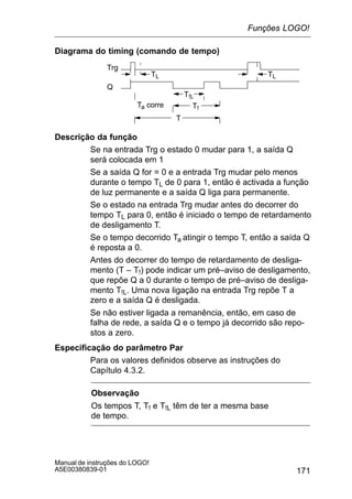 171
Manual de instruções do LOGO!
A5E00380839-01
Diagrama do timing (comando de tempo)
Ta corre
T
Q
Trg
TLTL
T!L
T!
Descrição da função
Se na entrada Trg o estado 0 mudar para 1, a saída Q
será colocada em 1
Se a saída Q for = 0 e a entrada Trg mudar pelo menos
durante o tempo TL de 0 para 1, então é activada a função
de luz permanente e a saída Q liga para permanente.
Se o estado na entrada Trg mudar antes do decorrer do
tempo TL para 0, então é iniciado o tempo de retardamento
de desligamento T.
Se o tempo decorrido Ta atingir o tempo T, então a saída Q
é reposta a 0.
Antes do decorrer do tempo de retardamento de desliga-
mento (T – T!) pode indicar um pré–aviso de desligamento,
que repõe Q a 0 durante o tempo de pré–aviso de desliga-
mento T!L. Uma nova ligação na entrada Trg repõe T a
zero e a saída Q é desligada.
Se não estiver ligada a remanência, então, em caso de
falha de rede, a saída Q e o tempo já decorrido são repo-
stos a zero.
Especificação do parâmetro Par
Para os valores definidos observe as instruções do
Capítulo 4.3.2.
Observação
Os tempos T, T! e T!L têm de ter a mesma base
de tempo.
Funções LOGO!
 