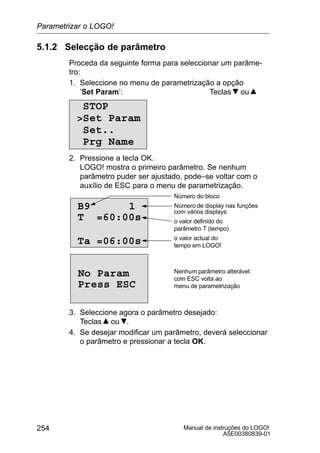 Manual de instruções do LOGO!
A5E00380839-01
254
5.1.2 Selecção de parâmetro
Proceda da seguinte forma para seleccionar um parâme-
tro:
1. Seleccione no menu de parametrização a opção
’Set Param’: Teclas ou
STOP
Set Param
Set..
Prg Name
2. Pressione a tecla OK.
LOGO! mostra o primeiro parâmetro. Se nenhum
parâmetro puder ser ajustado, pode–se voltar com o
auxílio de ESC para o menu de parametrização.
B9 1 Número de display nas funções
com vários displays
o valor definido do
parâmetro T (tempo)
o valor actual do
tempo em LOGO!
Press ESC
No Param Nenhum parâmetro alterável:
com ESC volta ao
menu de parametrização
T =60:00s
Ta =06:00s
Número do bloco
3. Seleccione agora o parâmetro desejado:
Teclas ou .
4. Se desejar modificar um parâmetro, deverá seleccionar
o parâmetro e pressionar a tecla OK.
Parametrizar o LOGO!
 