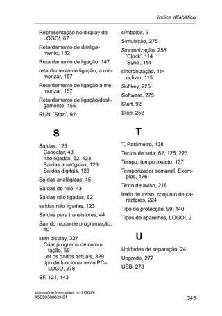 345
Manual de instruções do LOGO!
A5E00380839-01
Representação no display de
LOGO!, 67
Retardamento de desliga-
mento, 152
Retardamento de ligação, 147
retardamento de ligação, a me-
morizar, 157
Retardamento de ligação a me-
morizar, 157
Retardamento de ligação/desli-
gamento, 155
RUN, ’Start’, 92
S
Saídas, 123
Conectar, 43
não ligadas, 62, 123
Saídas analógicas, 123
Saídas digitais, 123
Saídas analógicas, 45
Saídas de relé, 43
Saídas não ligadas, 62
saídas não ligadas, 123
Saídas para transistores, 44
Sair do modo de programação,
101
sem display, 327
Criar programa de comu-
tação, 59
Ler os dados actuais, 329
tipo de funcionamento PC–
LOGO, 278
SF, 121, 143
símbolos, 9
Simulação, 275
Sincronização, 258
’Clock’, 114
’Sync’, 114
sincronização, 114
activar, 115
Softkey, 225
Software, 275
Start, 92
Stop, 252
T
T, Parâmetro, 138
Teclas de seta, 62, 125, 223
Tempo, tempo exacto, 137
Temporizador semanal, Exem-
plos, 176
Texto de aviso, 218
texto de aviso, conjunto de ca-
racteres, 224
Tipo de protecção, 99, 140
Tipos de aparelhos, LOGO!, 2
U
Unidades de separação, 24
Upgrade, 277
USB, 278
índice alfabético
 