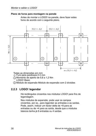 Manual de instruções do LOGO!
A5E00380839-01
30
Plano de furos para montagem na parede
Antes de montar o LOGO! na parede, deve fazer estes
furos de acordo com o seguinte plano.
53,5 +/– 0,2 35,5 +/– 0,2
n x 35,5 +/– 0,2
98+/–0,3
Furo para parafusos O 4 mm
Momento de aperto de 0,8 a 1,2 Nm
LOGO! Basic
Módulo de expansão Módulo de expansão com 2 divisões
1 2
1
2
Todas as dimensões em mm
2 2
2.2.3 LOGO! legendar
Há rectângulos cinzentos nos módulos LOGO! para fins de
legendagem.
Nos módulos de expansão, pode usar os campos
cinzentos, por ex., para legendar as entradas e as saídas.
Pode, assim, indicar um factor delta de +8 para as
entradas ou de +4 para as saída, desde que o módulos
básicos tenha já 8 entradas ou 4 saídas.
Montar e cablar o LOGO!
 