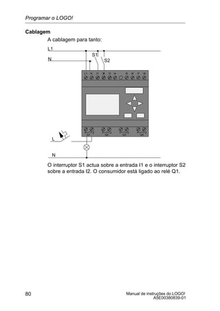 Manual de instruções do LOGO!
A5E00380839-01
80
Cablagem
A cablagem para tanto:
L1 N I4 I5 I6 I7 I8
Q1 Q2 Q3 Q4
L1
N
S1
S2
L
N
I1I1 I3I1I1 I1I1I1I2
1 2 1 2 1 2 1 2
O interruptor S1 actua sobre a entrada I1 e o interruptor S2
sobre a entrada I2. O consumidor está ligado ao relé Q1.
Programar o LOGO!
 