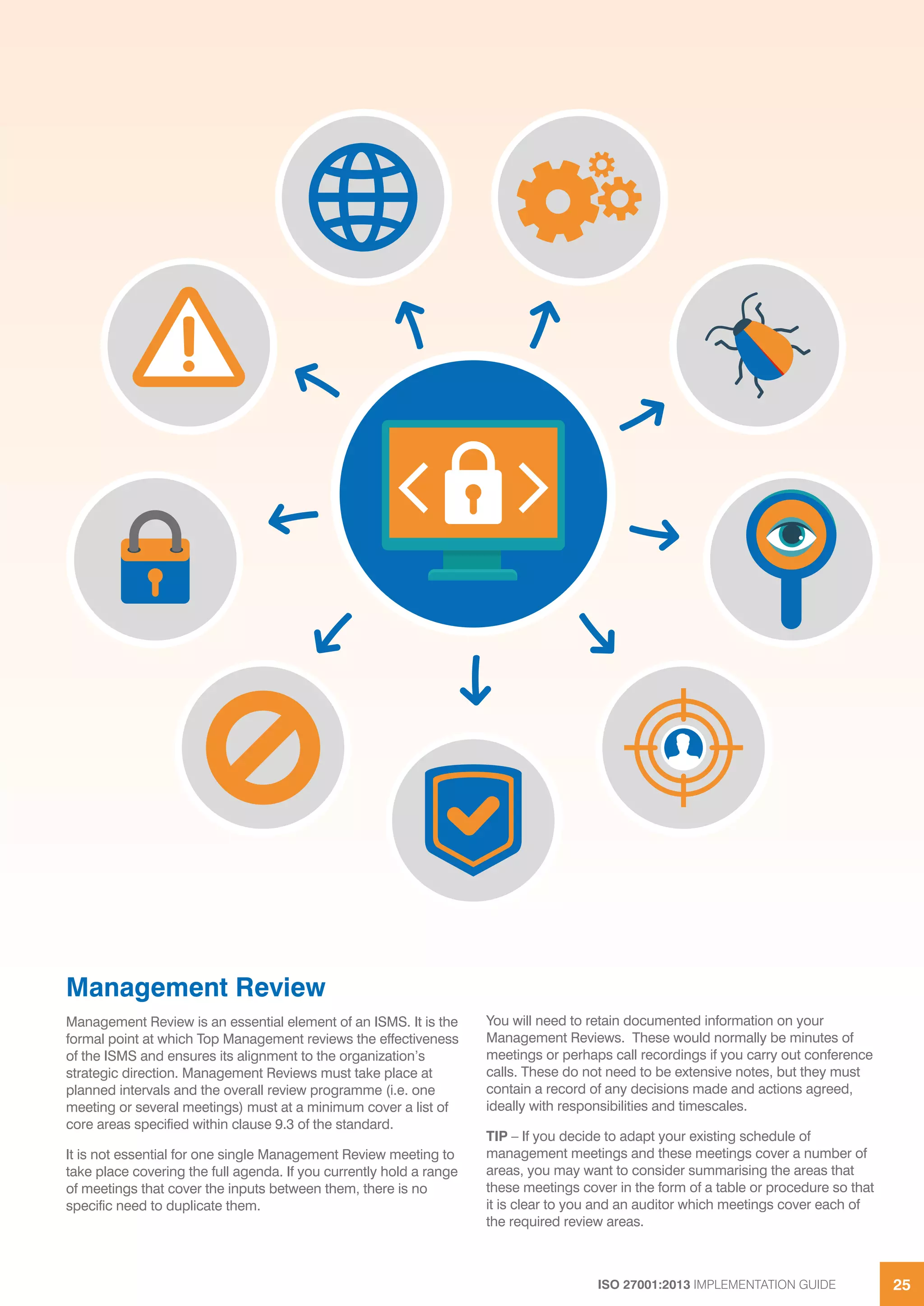 ISO 27001:2013 IMPLEMENTATION GUIDE 25
Management Review
Management Review is an essential element of an ISMS. It is the
formal point at which Top Management reviews the effectiveness
of the ISMS and ensures its alignment to the organization’s
strategic direction. Management Reviews must take place at
planned intervals and the overall review programme (i.e. one
meeting or several meetings) must at a minimum cover a list of
core areas specified within clause 9.3 of the standard.
It is not essential for one single Management Review meeting to
take place covering the full agenda. If you currently hold a range
of meetings that cover the inputs between them, there is no
specific need to duplicate them.
You will need to retain documented information on your
Management Reviews. These would normally be minutes of
meetings or perhaps call recordings if you carry out conference
calls. These do not need to be extensive notes, but they must
contain a record of any decisions made and actions agreed,
ideally with responsibilities and timescales.
TIP – If you decide to adapt your existing schedule of
management meetings and these meetings cover a number of
areas, you may want to consider summarising the areas that
these meetings cover in the form of a table or procedure so that
it is clear to you and an auditor which meetings cover each of
the required review areas.
 