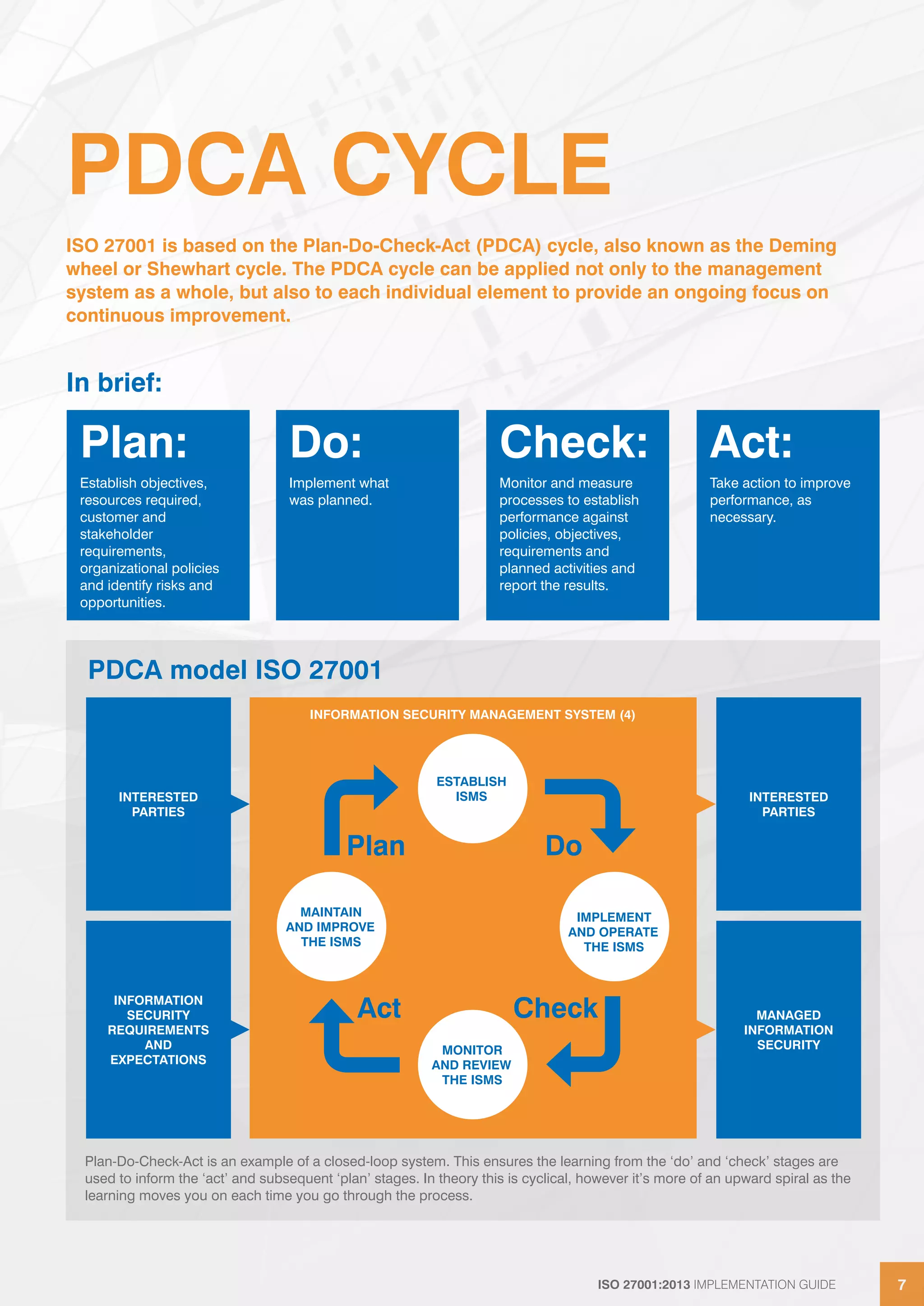 ISO 27001:2013 IMPLEMENTATION GUIDE 7ISO 27001:2013 IMPLEMENTATION GUIDE 7
PDCA CYCLE
Plan-Do-Check-Act is an example of a closed-loop system. This ensures the learning from the ‘do’ and ‘check’ stages are
used to inform the ‘act’ and subsequent ‘plan’ stages. In theory this is cyclical, however it’s more of an upward spiral as the
learning moves you on each time you go through the process.
PDCA model ISO 27001
Plan:
Establish objectives,
resources required,
customer and
stakeholder
requirements,
organizational policies
and identify risks and
opportunities.
Do:
Implement what
was planned.
Check:
Monitor and measure
processes to establish
performance against
policies, objectives,
requirements and
planned activities and
report the results.
Act:
Take action to improve
performance, as
necessary.
ISO 27001 is based on the Plan-Do-Check-Act (PDCA) cycle, also known as the Deming
wheel or Shewhart cycle. The PDCA cycle can be applied not only to the management
system as a whole, but also to each individual element to provide an ongoing focus on
continuous improvement.
ESTABLISH
ISMS
MONITOR
AND REVIEW
THE ISMS
MAINTAIN
AND IMPROVE
THE ISMS
IMPLEMENT
AND OPERATE
THE ISMS
Plan Do
Act Check
INFORMATION SECURITY MANAGEMENT SYSTEM (4)
INTERESTED
PARTIES
INFORMATION
SECURITY
REQUIREMENTS
AND
EXPECTATIONS
In brief:
INTERESTED
PARTIES
MANAGED
INFORMATION
SECURITY
 