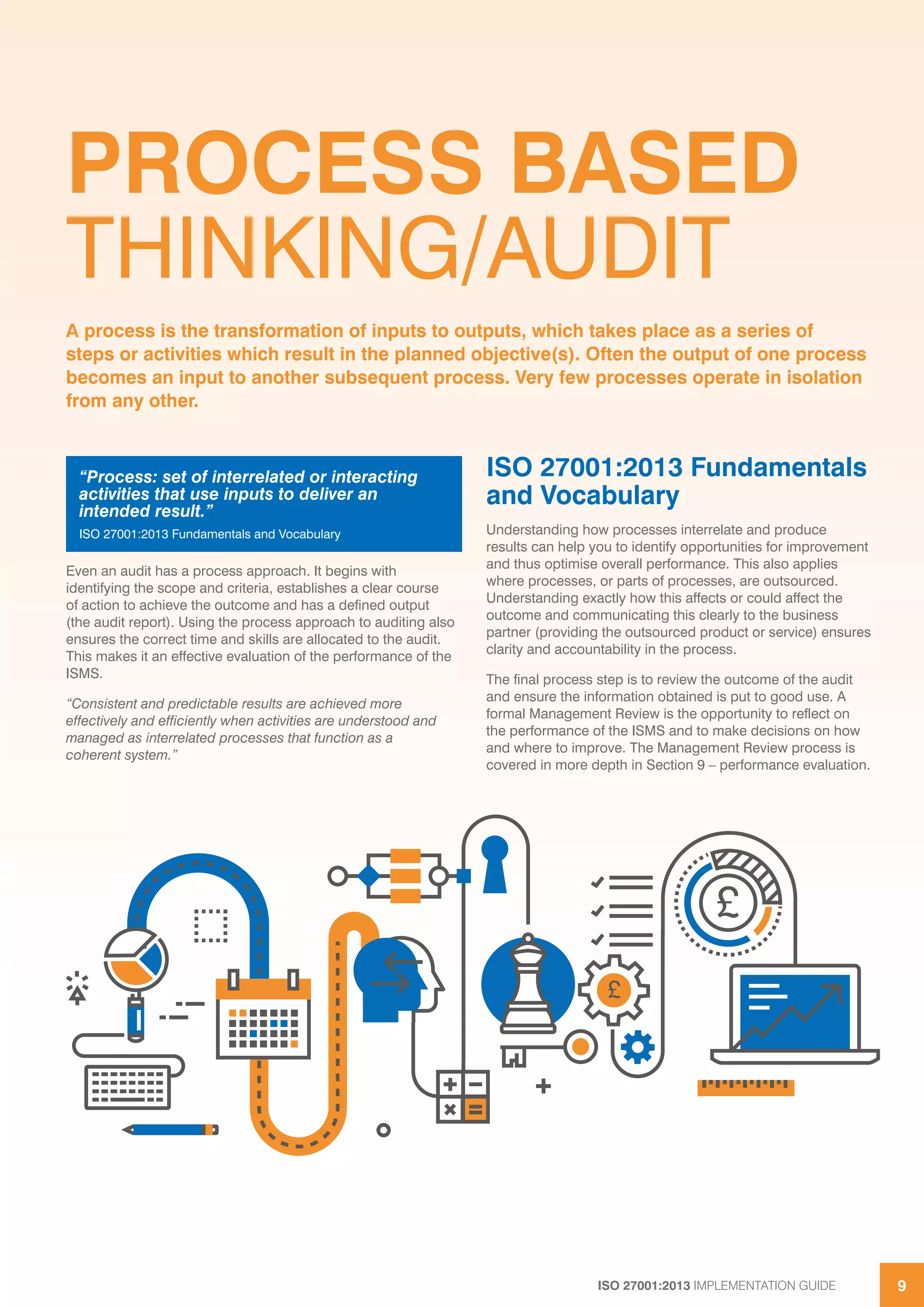 ISO 27001:2013 IMPLEMENTATION GUIDE 9
PROCESS BASED
THINKING/AUDIT
Even an audit has a process approach. It begins with
identifying the scope and criteria, establishes a clear course
of action to achieve the outcome and has a defined output
(the audit report). Using the process approach to auditing also
ensures the correct time and skills are allocated to the audit.
This makes it an effective evaluation of the performance of the
ISMS.
“Consistent and predictable results are achieved more
effectively and efficiently when activities are understood and
managed as interrelated processes that function as a
coherent system.”
ISO 27001:2013 Fundamentals
and Vocabulary
Understanding how processes interrelate and produce
results can help you to identify opportunities for improvement
and thus optimise overall performance. This also applies
where processes, or parts of processes, are outsourced.
Understanding exactly how this affects or could affect the
outcome and communicating this clearly to the business
partner (providing the outsourced product or service) ensures
clarity and accountability in the process.
The final process step is to review the outcome of the audit
and ensure the information obtained is put to good use. A
formal Management Review is the opportunity to reflect on
the performance of the ISMS and to make decisions on how
and where to improve. The Management Review process is
covered in more depth in Section 9 – performance evaluation.
A process is the transformation of inputs to outputs, which takes place as a series of
steps or activities which result in the planned objective(s). Often the output of one process
becomes an input to another subsequent process. Very few processes operate in isolation
from any other.
“Process: set of interrelated or interacting
activities that use inputs to deliver an
intended result.”
ISO 27001:2013 Fundamentals and Vocabulary
£
£
 