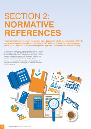 ISO 9001:2015 IMPLEMENTATION GUIDE12
SECTION 2:
NORMATIVE
REFERENCES
This document explains the key concepts and defines the core
terminology used in ISO 9001:2015. Whilst it is not mandatory
to purchase ISO 9000:2015 alongside ISO 9001:2015, it can be
valuable in fully understanding the purpose of a QMS and in
creation and implementation of your unique system.
There is an assumption throughout the standard that each
term used is understood according to its definition described
in ISO 9000:2015.
‘Normative references’ simply means any other documents which are referenced within the
management system standard. In the case of ISO 9001:2015, there are many references
made to ISO 9000:2015 – Quality management systems - Fundamentals and vocabulary.
 
