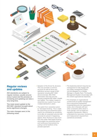 ISO 9001:2015 IMPLEMENTATION GUIDE 5
Regular reviews
and updates
ISO standards are subject to
regular reviews; usually around
every 5 years but the process of
reviewing and updating can take a
very long time.
The most recent update to the
ISO 9001 standard brought about
some significant changes.
The main changes were in the
following areas:
• Adoption of the Annex SL structure.
This now provides a common
structure as well as terms and
definitions across a range of ISO
standards including ISO 14001
(Environmental), ISO 27001
(Information Security) and the
recently published ISO 45001 (Health
and Safety). This makes it easier to
streamline your system if you have
multiple standards in place.
• The switch from ‘preventive action’
to ‘risk-based thinking’. This is really
the same thing but preventive action
used to be considered as something
to do after an unwanted outcome had
occurred (to prevent it happening
again!). Now, the focus is very much
from the outset. Risk-based thinking
encourages true preventive action
and continuous improvement by
putting it at the forefront of the
process approach.
• The leadership element requires top
management to fully engage with
the quality management system,
not just delegate it to a Quality
Manager or Quality Team. The Quality
Management System should align with
the overall organizational objectives.
• The emphasis on organizational
context looks at quality management
from a big-picture perspective.
Understanding why the organization
exists, who it interacts with and
other constraints within which it
must operate, such as legal and
regulatory frameworks, helps to
understand the resources, monitoring
and measurement required from
operational processes.
 