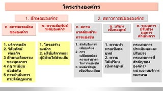 โครงร่างองค์กร
1. ลักษณะองค์กร 2. สภาวการณ์ขององค์กร
ก. สภาพ
แวดล้อมด้าน
การแข่งขัน
ข. บริบท
เชิงกลยุทธ์
ค. ระบบการ
ปรับปรุง
ผลการ
ดําเนินการ
ก. สภาพแวดล้อม
ขององค์กร
ข. ความสัมพันธ์
ระดับองค์กร
1. บริการหลัก
2. วิสัยทัศน์
พันธกิจ
3 ลักษณะโดยรวม
ของบุคลากร
4 กฎ ระเบียบ
ข้อบังคับ
5 การดําเนินการ
ภายใต้กฏหมาย
1. โครงสร้าง
องค์กร
2. ผู้ใช้บริการและ
ผู้มีส่วนได้ส่วนเสีย
1. ลําดับในการ
เทียบเคียง
2. การ
เปลี่ยนแปลง
ความสามารถ
ในการแข่งขัน
3. แหล่งข้อมูล
เชิงปรียบเทียบ
1. ความท้า
ทายเชิงกล
ยุทธ์
2. ความ
ได้เปรียบ
เชิงกลยุทธ์
กระบวนการ
ประเมินผลและ
ปรับปรุง
กระบวนการที่
สําคัญของ
องค์กร/
หน่วยงานบริการ
พยาบาล
 