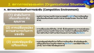 2. สภาวการณ์ขององค์กร (Organizational Situation)
ก. สภาพแวดล้อมด้านการแข่งขัน (Competitive Environment)
• องค์กร/หน่วยงานบริการพยาบาลอยู่ที่ลําด ับใดในการเทียบเคียง
เมื่อเทียบเคียงกับสถานบริการสาธารณสุขในเขต/จังหวัด/พื้นที่
ต่างๆ
(1) ลําดับในการ
เทียบเคียงระดับ
คุณภาพ
• การเปลี่ยนแปลงที่สําคัญ (ถ้ามี) ซึ่งมีผลต่อสถานะการแข่งขันของ
องค์กร/หน่วยงานบริการพยาบาล รวมถึงการเปลี่ยนแปลงที่สร้าง
โอกาสสําหรับการสร้างนวัตกรรมและความร่วมมือมีอะไรบ้าง
(2) การเปลี่ยนแปลง
ความสามารถในการ
แข่งขัน
• แหล่งข้อมูลสําคัญที่นํามาใช้ในการเทียบเคียง สําหรับข้อมูลเชิง
เปรียบเทียบในระบบบริการสุขภาพมีอะไรบ้าง และมีข้อจํากัดอะไร
(ถ้ามี) ในการได้มาซึ่งข้อมูลเหล่านี้
(3) แหล่งข้อมูลเชิง
เปรียบเทียบ
 