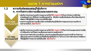 หมวด 1 การนําองค์กร
1.2 ความรับผิดชอบต่อผู้ใช้บริการ
ก. การวิเคราะห์ความเสี่ยงและผลกระทบ
(1) ตอบ
คําถามต่อไปนี�
•ผู้บริหารหน่วยงานบริการพยาบาลใช้วิธีการอย่างไรในการวิเคราะห์ปัจจัย
แวดล้อมต่างๆ ที่เป็ นความเสี่ยงทุกด้าน ซึ่งมีความสัมพันธ์และเกี่ยวข้องกับการ
พัฒนาวิธีปฏิบัติการพยาบาลที่เป็ นเลิศ
•ผลกระทบของความเสี่ยงที่อาจเกิดขึ้นกับผู้ใช้บริการของหน่วยงานบริการ
พยาบาลนั้นๆ มีอะไรบ้าง
(2) ตอบ
คําถามต่อไปนี�
•ผู้บริหารหน่วยงานบริการพยาบาลใช้วิธีการอย่างไรในการกําหนดมาตรการเพื่อ
การป้ องกัน/แก้ไขความเสี่ยงและผลกระทบดังกล่าว
•กระบวนการดําเนินงานเชิงรุก และความต่อเนื่องของระบบการเฝ้ าระวังความ
เสี่ยงและผลกระทบที่อาจเกิดขึ้นกับผู้ใช้บริการ ในระหว่างการดําเนินการพัฒนา
วิธีปฏิบัติการพยาบาลที่เป็ นเลิศ มีอะไรบ้าง
 