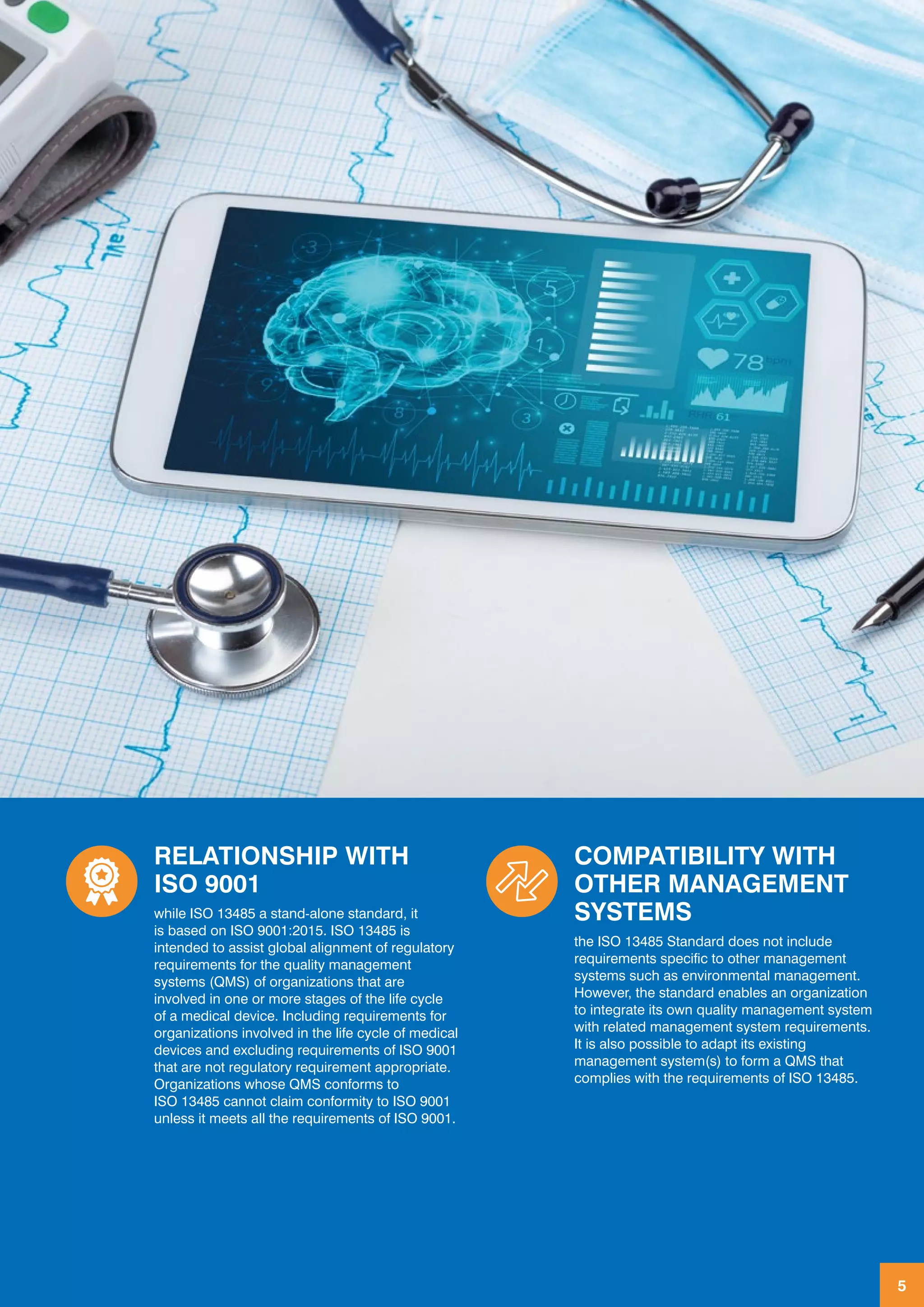 ISO 13485:2016 IMPLEMENTATION GUIDE 5
ISO 13485:2016 IMPLEMENTATION GUIDE 5
RELATIONSHIP WITH
ISO 9001
while ISO 13485 a stand-alone standard, it
is based on ISO 9001:2015. ISO 13485 is
intended to assist global alignment of regulatory
requirements for the quality management
systems (QMS) of organizations that are
involved in one or more stages of the life cycle
of a medical device. Including requirements for
organizations involved in the life cycle of medical
devices and excluding requirements of ISO 9001
that are not regulatory requirement appropriate.
Organizations whose QMS conforms to
ISO 13485 cannot claim conformity to ISO 9001
unless it meets all the requirements of ISO 9001.
COMPATIBILITY WITH
OTHER MANAGEMENT
SYSTEMS
the ISO 13485 Standard does not include
requirements specific to other management
systems such as environmental management.
However, the standard enables an organization
to integrate its own quality management system
with related management system requirements.
It is also possible to adapt its existing
management system(s) to form a QMS that
complies with the requirements of ISO 13485.
 