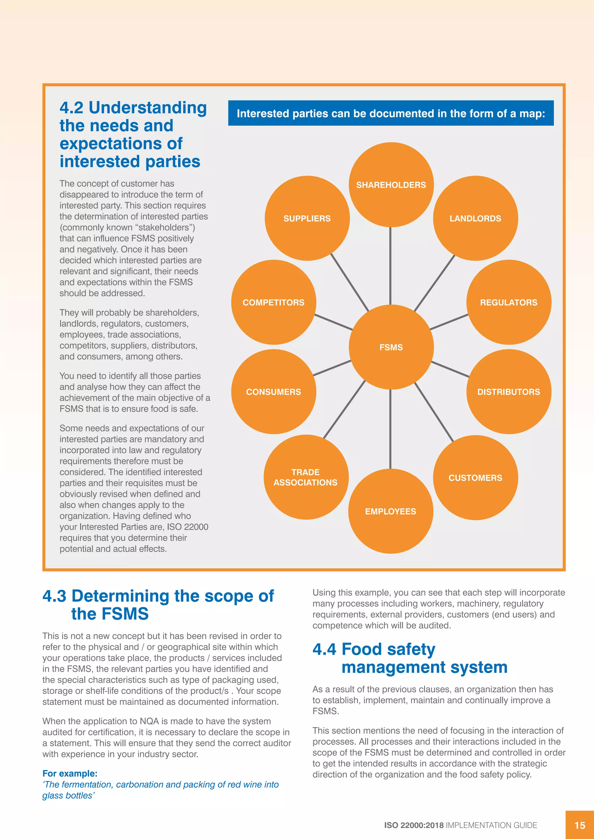 ISO 22000:2018 IMPLEMENTATION GUIDE 15
4.3 Determining the scope of
the FSMS
This is not a new concept but it has been revised in order to
refer to the physical and / or geographical site within which
your operations take place, the products / services included
in the FSMS, the relevant parties you have identified and
the special characteristics such as type of packaging used,
storage or shelf-life conditions of the product/s . Your scope
statement must be maintained as documented information.
When the application to NQA is made to have the system
audited for certification, it is necessary to declare the scope in
a statement. This will ensure that they send the correct auditor
with experience in your industry sector.
For example:
‘The fermentation, carbonation and packing of red wine into
glass bottles’
Using this example, you can see that each step will incorporate
many processes including workers, machinery, regulatory
requirements, external providers, customers (end users) and
competence which will be audited.
4.4 Food safety
management system
As a result of the previous clauses, an organization then has
to establish, implement, maintain and continually improve a
FSMS.
This section mentions the need of focusing in the interaction of
processes. All processes and their interactions included in the
scope of the FSMS must be determined and controlled in order
to get the intended results in accordance with the strategic
direction of the organization and the food safety policy.
4.2 Understanding
the needs and
expectations of
interested parties
The concept of customer has
disappeared to introduce the term of
interested party. This section requires
the determination of interested parties
(commonly known “stakeholders”)
that can influence FSMS positively
and negatively. Once it has been
decided which interested parties are
relevant and significant, their needs
and expectations within the FSMS
should be addressed.
They will probably be shareholders,
landlords, regulators, customers,
employees, trade associations,
competitors, suppliers, distributors,
and consumers, among others.
You need to identify all those parties
and analyse how they can affect the
achievement of the main objective of a
FSMS that is to ensure food is safe.
Some needs and expectations of our
interested parties are mandatory and
incorporated into law and regulatory
requirements therefore must be
considered. The identified interested
parties and their requisites must be
obviously revised when defined and
also when changes apply to the
organization. Having defined who
your Interested Parties are, ISO 22000
requires that you determine their
potential and actual effects.
Interested parties can be documented in the form of a map:
EMPLOYEES
FSMS
SHAREHOLDERS
COMPETITORS REGULATORS
SUPPLIERS
TRADE
ASSOCIATIONS
CUSTOMERS
LANDLORDS
CONSUMERS DISTRIBUTORS
 