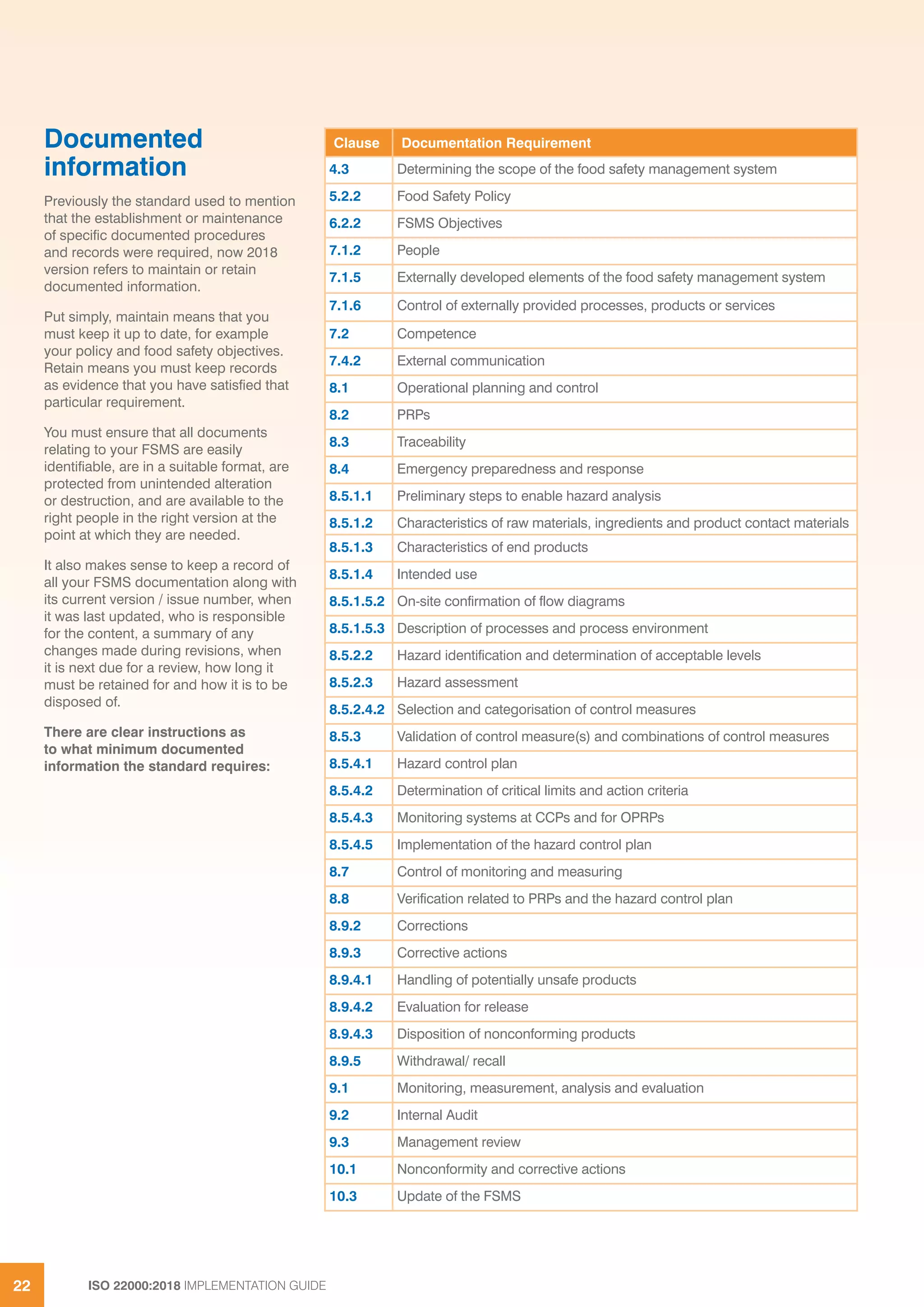 ISO 22000:2018 IMPLEMENTATION GUIDE22
Clause Documentation Requirement
4.3 Determining the scope of the food safety management system
5.2.2 Food Safety Policy
6.2.2 FSMS Objectives
7.1.2 People
7.1.5 Externally developed elements of the food safety management system
7.1.6 Control of externally provided processes, products or services
7.2 Competence
7.4.2 External communication
8.1 Operational planning and control
8.2 PRPs
8.3 Traceability
8.4 Emergency preparedness and response
8.5.1.1 Preliminary steps to enable hazard analysis
8.5.1.2 Characteristics of raw materials, ingredients and product contact materials
8.5.1.3 Characteristics of end products
8.5.1.4 Intended use
8.5.1.5.2 On-site confirmation of flow diagrams
8.5.1.5.3 Description of processes and process environment
8.5.2.2 Hazard identification and determination of acceptable levels
8.5.2.3 Hazard assessment
8.5.2.4.2 Selection and categorisation of control measures
8.5.3 Validation of control measure(s) and combinations of control measures
8.5.4.1 Hazard control plan
8.5.4.2 Determination of critical limits and action criteria
8.5.4.3 Monitoring systems at CCPs and for OPRPs
8.5.4.5 Implementation of the hazard control plan
8.7 Control of monitoring and measuring
8.8 Verification related to PRPs and the hazard control plan
8.9.2 Corrections
8.9.3 Corrective actions
8.9.4.1 Handling of potentially unsafe products
8.9.4.2 Evaluation for release
8.9.4.3 Disposition of nonconforming products
8.9.5 Withdrawal/ recall
9.1 Monitoring, measurement, analysis and evaluation
9.2 Internal Audit
9.3 Management review
10.1 Nonconformity and corrective actions
10.3 Update of the FSMS
Documented
information
Previously the standard used to mention
that the establishment or maintenance
of specific documented procedures
and records were required, now 2018
version refers to maintain or retain
documented information.
Put simply, maintain means that you
must keep it up to date, for example
your policy and food safety objectives.
Retain means you must keep records
as evidence that you have satisfied that
particular requirement.
You must ensure that all documents
relating to your FSMS are easily
identifiable, are in a suitable format, are
protected from unintended alteration
or destruction, and are available to the
right people in the right version at the
point at which they are needed.
It also makes sense to keep a record of
all your FSMS documentation along with
its current version / issue number, when
it was last updated, who is responsible
for the content, a summary of any
changes made during revisions, when
it is next due for a review, how long it
must be retained for and how it is to be
disposed of.
There are clear instructions as
to what minimum documented
information the standard requires:
 