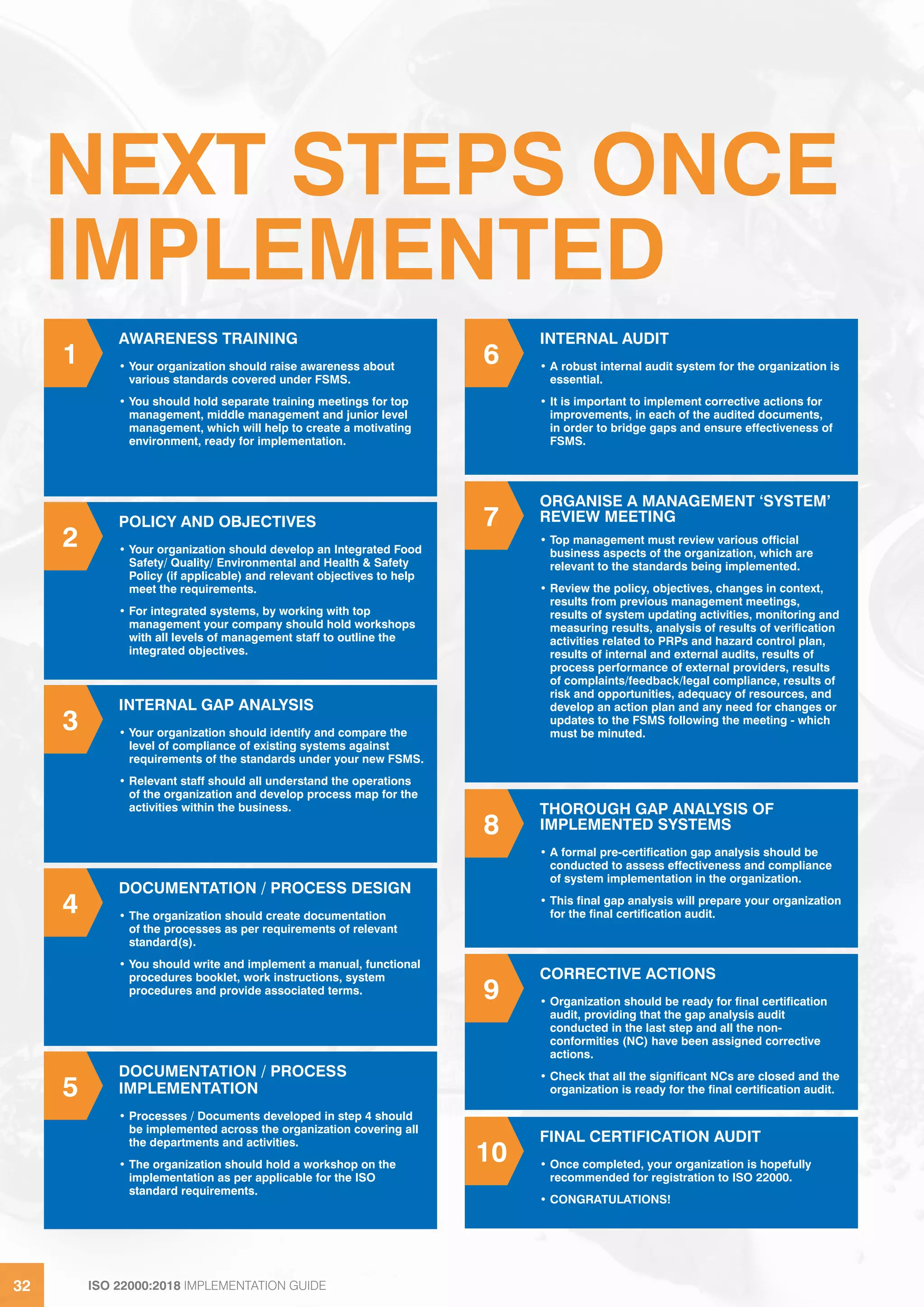 ISO 22000:2018 IMPLEMENTATION GUIDE32 ISO 22000:2018 IMPLEMENTATION GUIDE32
NEXT STEPS ONCE
IMPLEMENTED
AWARENESS TRAINING
• Your organization should raise awareness about
various standards covered under FSMS.
• You should hold separate training meetings for top
management, middle management and junior level
management, which will help to create a motivating
environment, ready for implementation.
POLICY AND OBJECTIVES
• Your organization should develop an Integrated Food
Safety/ Quality/ Environmental and Health  Safety
Policy (if applicable) and relevant objectives to help
meet the requirements.
• For integrated systems, by working with top
management your company should hold workshops
with all levels of management staff to outline the
integrated objectives.
INTERNAL GAP ANALYSIS
• Your organization should identify and compare the
level of compliance of existing systems against
requirements of the standards under your new FSMS.
• Relevant staff should all understand the operations
of the organization and develop process map for the
activities within the business.
DOCUMENTATION / PROCESS DESIGN
• The organization should create documentation
of the processes as per requirements of relevant
standard(s).
• You should write and implement a manual, functional
procedures booklet, work instructions, system
procedures and provide associated terms.
DOCUMENTATION / PROCESS
IMPLEMENTATION
• Processes / Documents developed in step 4 should
be implemented across the organization covering all
the departments and activities.
• The organization should hold a workshop on the
implementation as per applicable for the ISO
standard requirements.
1
INTERNAL AUDIT
• A robust internal audit system for the organization is
essential.
• It is important to implement corrective actions for
improvements, in each of the audited documents,
in order to bridge gaps and ensure effectiveness of
FSMS.
ORGANISE A MANAGEMENT ‘SYSTEM’
REVIEW MEETING
• Top management must review various official
business aspects of the organization, which are
relevant to the standards being implemented.
• Review the policy, objectives, changes in context,
results from previous management meetings,
results of system updating activities, monitoring and
measuring results, analysis of results of verification
activities related to PRPs and hazard control plan,
results of internal and external audits, results of
process performance of external providers, results
of complaints/feedback/legal compliance, results of
risk and opportunities, adequacy of resources, and
develop an action plan and any need for changes or
updates to the FSMS following the meeting - which
must be minuted.
THOROUGH GAP ANALYSIS OF
IMPLEMENTED SYSTEMS
• A formal pre-certification gap analysis should be
conducted to assess effectiveness and compliance
of system implementation in the organization.
• This final gap analysis will prepare your organization
for the final certification audit.
CORRECTIVE ACTIONS
• Organization should be ready for final certification
audit, providing that the gap analysis audit
conducted in the last step and all the non-
conformities (NC) have been assigned corrective
actions.
• Check that all the significant NCs are closed and the
organization is ready for the final certification audit.
FINAL CERTIFICATION AUDIT
• Once completed, your organization is hopefully
recommended for registration to ISO 22000.
• CONGRATULATIONS!
2
3
4
5
6
7
8
9
10
 