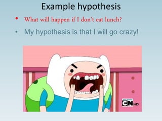 Example hypothesis
• What will happen if I don’t eat lunch?
• My hypothesis is that I will go crazy!
 