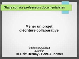 Stage sur site professeurs documentalistes
Mener un projet
d'écriture collaborative
Sophie BOCQUET
20/05/14
BEF de Bernay / Pont-Audemer
 