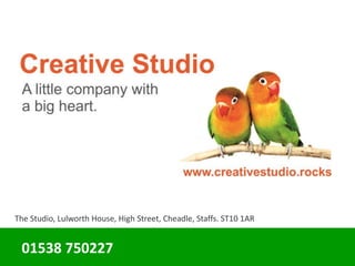 The Studio, Lulworth House, High Street, Cheadle, Staffs. ST10 1AR
01538 750227
 